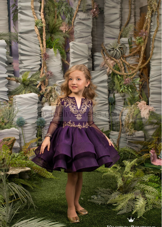 Gold Lace Purple Tulle Knee Length Flower Girl Dress